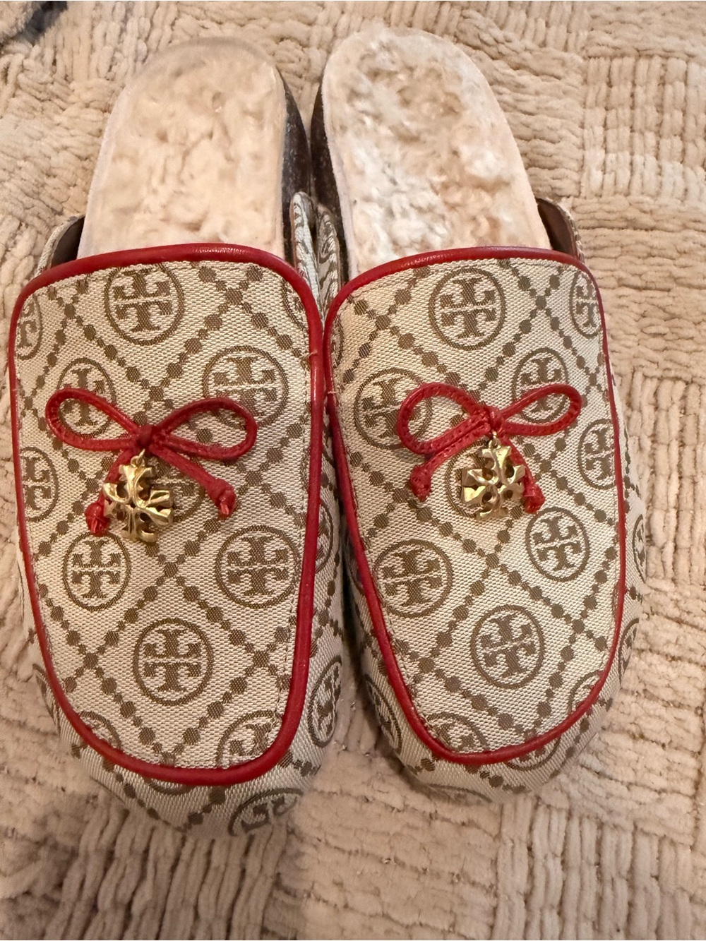 Tory Burch Beige Canvas 9.5 Monogram Mules with Red Trim